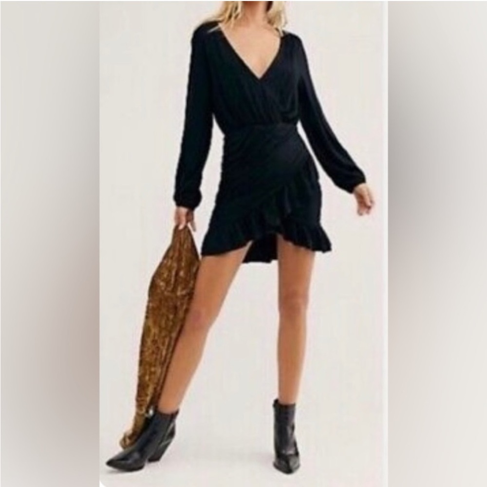 Free People Beach Size Small Faux Wrap Sheath Dress Black Long Sleeves